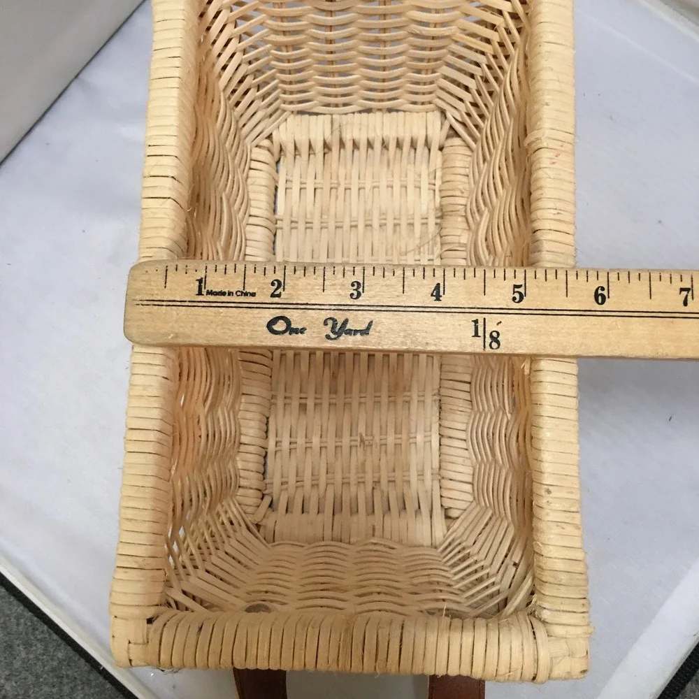 Woven Wicker Storage Basket Unisex Small Natural Tan Leather Handles Cottagecore